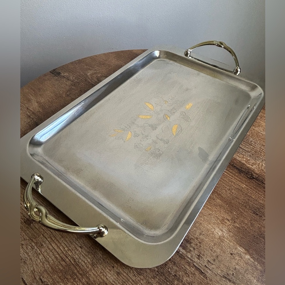 Vintage AR Cas Inox Stainless Steel Gold Plated Italian Serving Tray